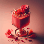 A glass of Rose Sharbat with Saffron Touch garnished with rose petals and mint