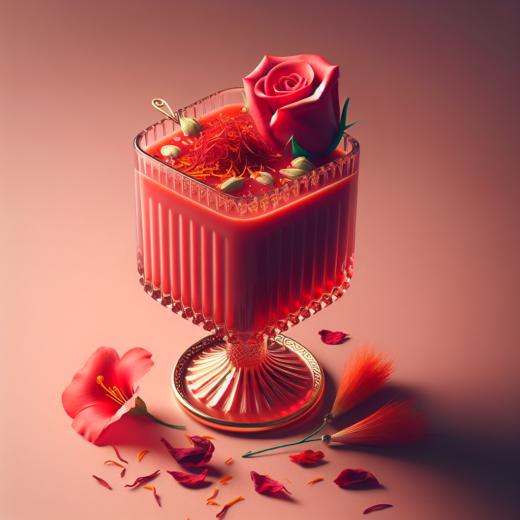A glass of Rose Sharbat with Saffron Touch garnished with rose petals and mint